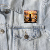 Kat op steiger bij zonsondergang vierkante button 5,1 cm (In situ)