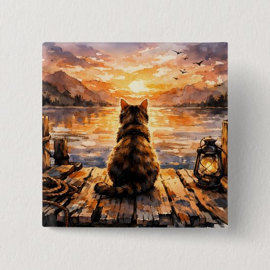 Kat op steiger bij zonsondergang vierkante button 5,1 cm (Voorkant)