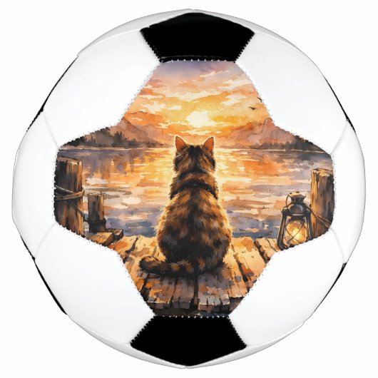 Kat op steiger bij zonsondergang voetbal (Voorkant)