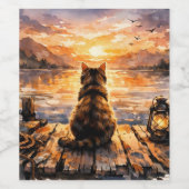Kat op steiger bij zonsondergang wijn etiket (Enkel label)