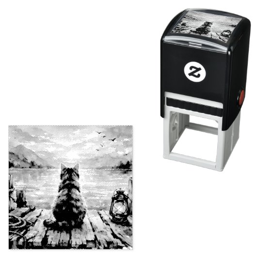 Kat op steiger bij zonsondergang zelfinktende stempel (In situ)