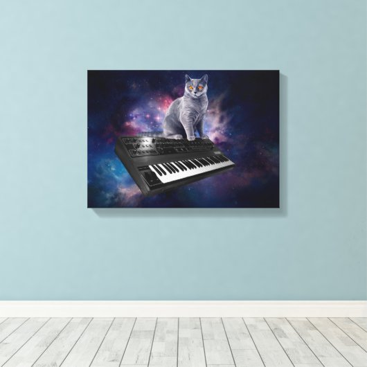 Kat op synthesizer in de ruimte canvas afdruk (Insitu (Houten vloer))