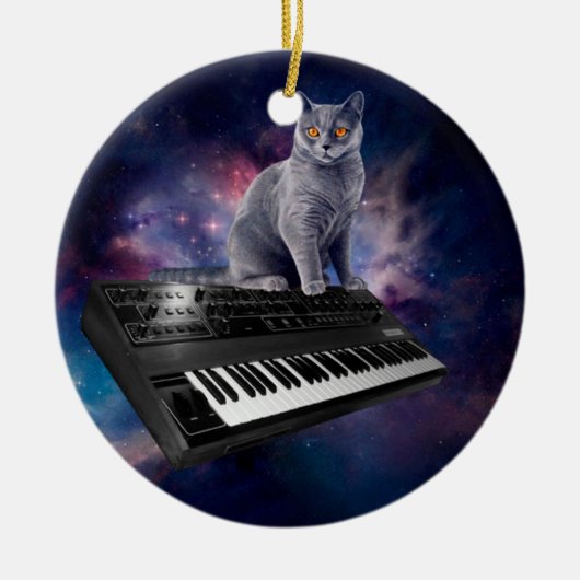 Kat op synthesizer in de ruimte keramisch ornament (Voorkant)