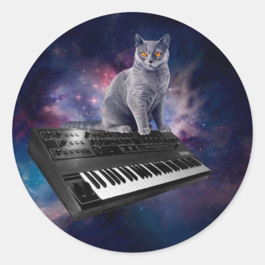 Kat op synthesizer in de ruimte ronde sticker (Voorkant)