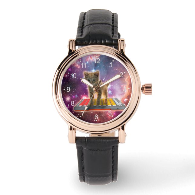 Kat op synthesizers in de ruimte horloge (Voorkant)