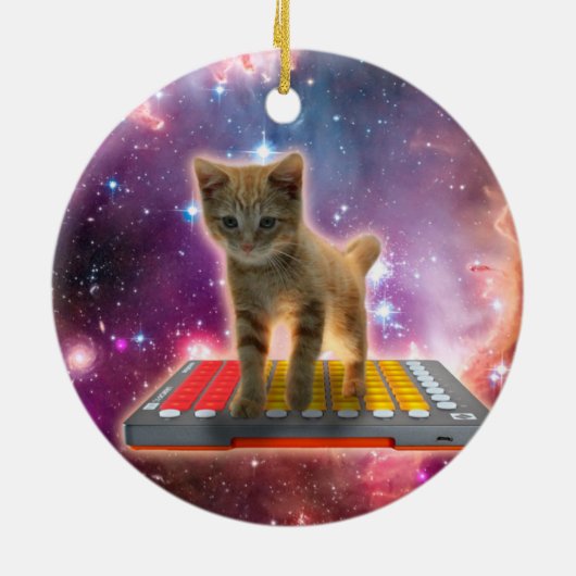 Kat op synthesizers in de ruimte keramisch ornament (Achterkant)