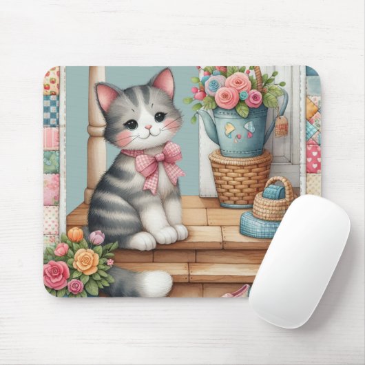 Kat op veranda met bloemenpatchwork scène muismat (Met muis)