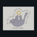 Kat op vijfde dag, vijf kerst met gouden koningen briefkaart<br><div class="desc">Een cartoon tekening van een schattige kat die met een gouden ring speelt,  illustreert het vijfde versum van de geliefde twaalf dagen kerstkarol op dit grappige en feestelijke briefkaart. Vind extra verzen en coördinerende producten in de 12 dagen van het collectie van Catmas van Asterisk Design.s</div>