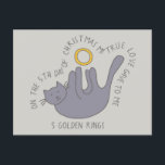 Kat op vijfde dag, vijf kerst met gouden koningen briefkaart<br><div class="desc">Een cartoon tekening van een schattige kat die met een gouden ring speelt, illustreert het vijfde versum van de geliefde twaalf dagen kerstkarol op dit grappige en feestelijke briefkaart. Vind extra verzen en coördinerende producten in de 12 dagen van het collectie van Catmas van Asterisk Design.s</div>