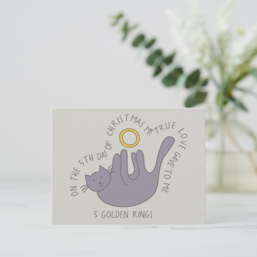 Kat op vijfde dag, vijf kerst met gouden koningen briefkaart (Staand voorkant)