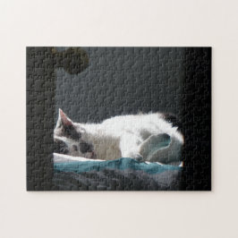 Kat op zonsondergang stoort niet legpuzzel