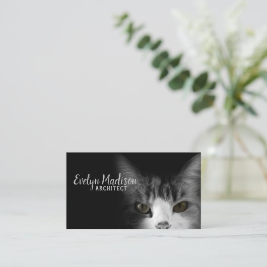 Kat op zwarte achtergrond visitekaartje (Staand voorkant)