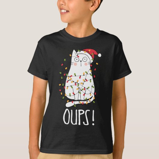 Kat Oups! Witte kat omhoog gedraaid in kerstboom L T-shirt (Voorkant)