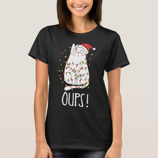 Kat Oups! Witte kat omhoog gedraaid in kerstboom L T-shirt (Voorkant)