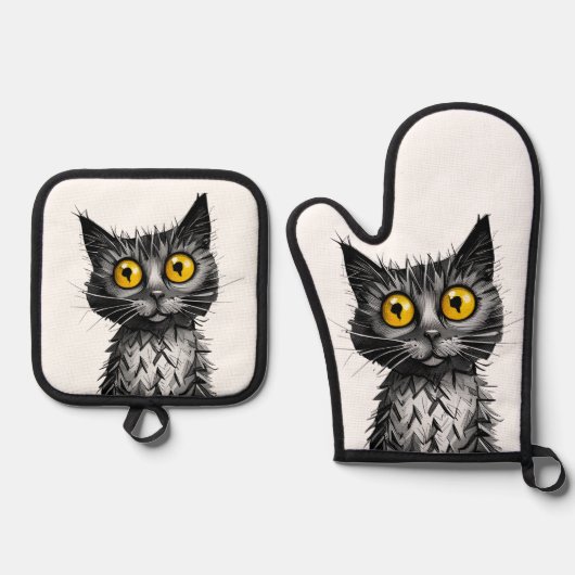 Kat Oven Mitt & Pothouder Set (Voorkant)
