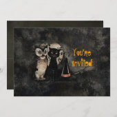  Kat Owl Black Halloween Party Invitation Kaart (Voorkant / Achterkant)