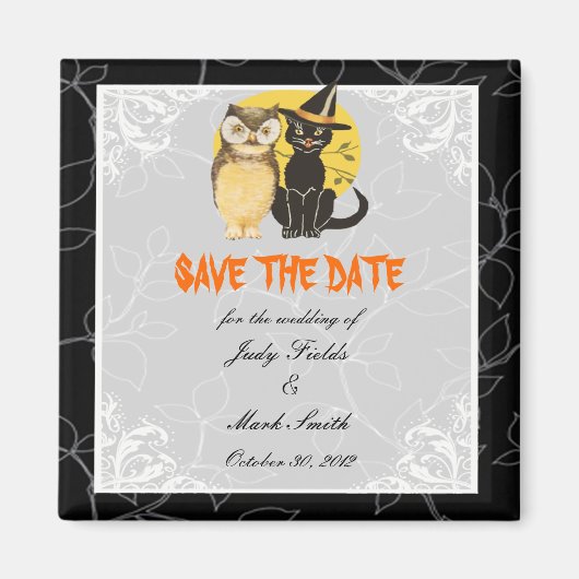 Kat & Owl Halloween Wedding sparen de Datum Magnet (Voorkant)