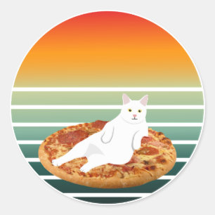 Kat paardrijden pizza retro ronde sticker
