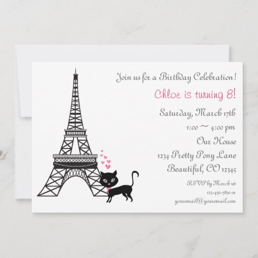 Kat Paris Birthday Invitation Kaart (Achterkant)