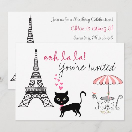 Kat Paris Birthday Invitation Kaart (Voorkant / Achterkant)