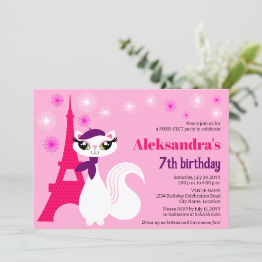  Kat Paris Pink Birthday Kaart (Staand voorkant)