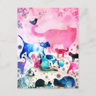 Kat Party Huis Glitter Kunst Roze Waterverf Feestdagenkaart
