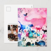 Kat Party Huis Glitter Kunst Roze Waterverf Feestdagenkaart (Voorkant / Achterkant)