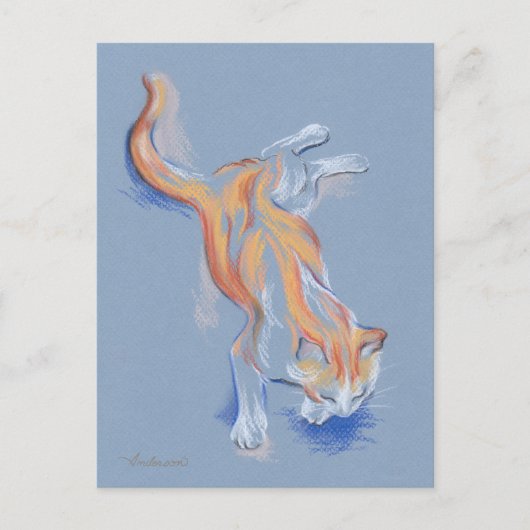 Kat Pastel Oranje en witte tablet in blauw Briefkaart (Voorkant)