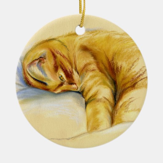Kat Pastel - Oranje tablet - Relaxed Pose Keramisch Ornament (Voorkant)