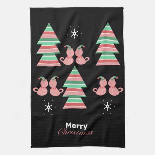 Kat-patroon voor prettige kerstbomen theedoek (Verticaal)