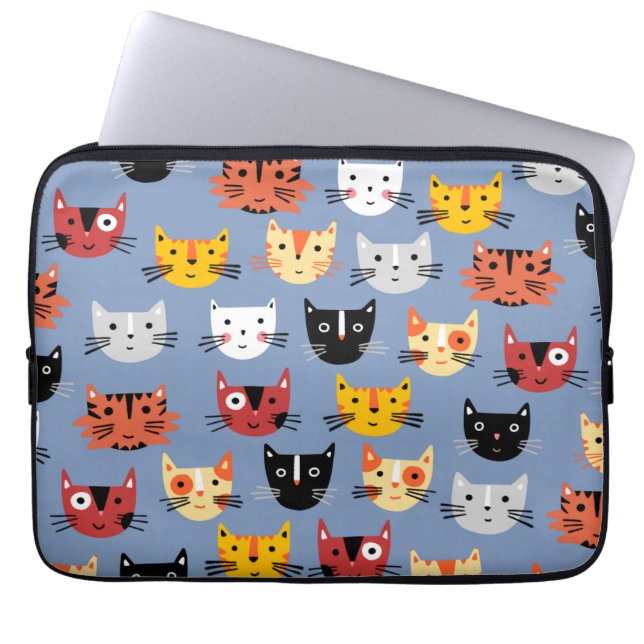 Kat Patroonblauw Laptop Sleeve (Voorkant)