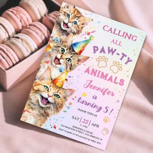 Kat Pawty Verjaardagsfeestje Meisje 5e Verjaardag Kaart
