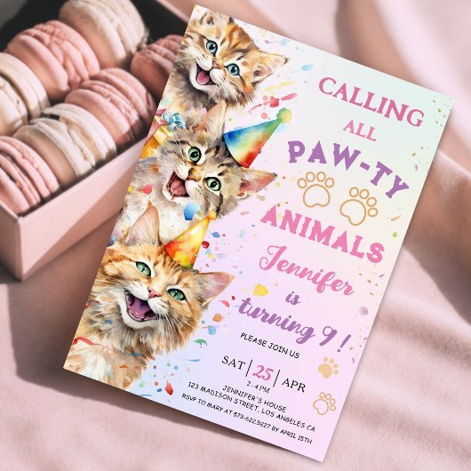 Kat Pawty Verjaardagsfeestje Meisje 9e Verjaardag Kaart