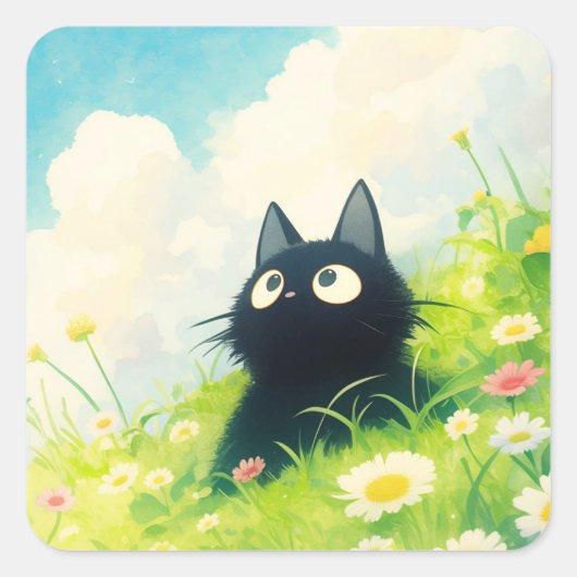 Kat Peaceful Meadow Vierkante Sticker (Voorkant)