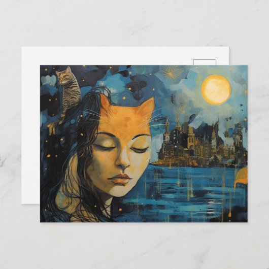 Kat Persoon In Een Sterrenstad AI Gegenereerde Kun Briefkaart (Voorkant / Achterkant)