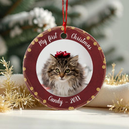 Kat Pet Eerste Kerstfeest Foto Rustige Light Wreat Keramisch Ornament