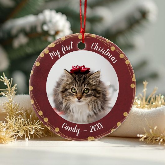 Kat Pet Eerste Kerstfeest Foto Rustige Light Wreat Keramisch Ornament