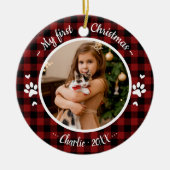 Kat Pet Eerste Kerstmis Foto Rustic Buffalo Check Keramisch Ornament (Voorkant)