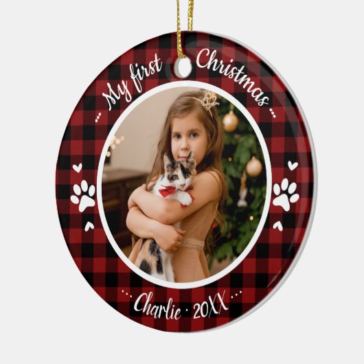 Kat Pet Eerste Kerstmis Foto Rustic Buffalo Check Keramisch Ornament (Links)