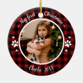 Kat Pet Eerste Kerstmis Foto Rustic Buffalo Check Keramisch Ornament (Achterkant)