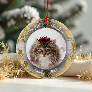 Kat Pet First-kerstfoto Gold Foils Keramisch Ornament