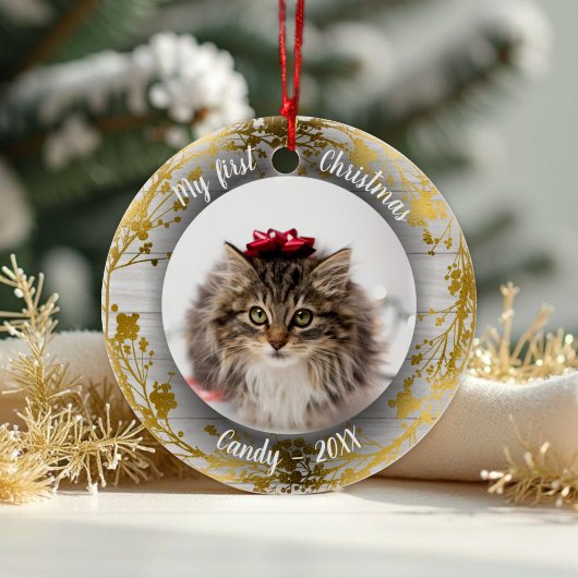 Kat Pet First-kerstfoto Gold Foils Keramisch Ornament