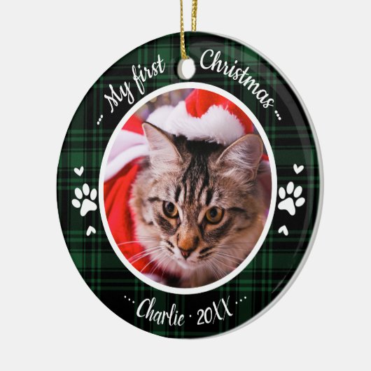 Kat Pet First Kerstfoto Rustic Green Pset Keramisch Ornament (Links)