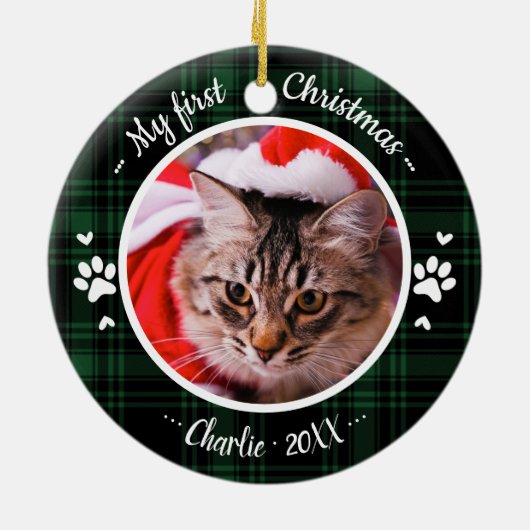 Kat Pet First Kerstfoto Rustic Green Pset Keramisch Ornament (Achterkant)