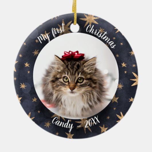 Kat Pet First-kerstfoto Rustic Messistars Keramisch Ornament (Achterkant)