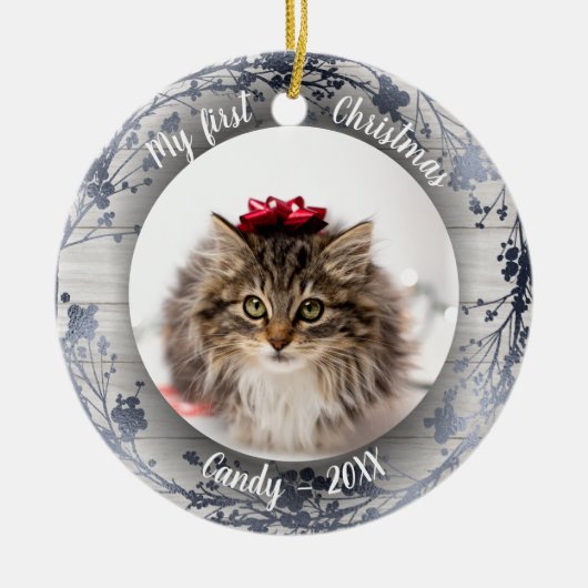 Kat Pet First Kerstfoto Silver Foils Keramisch Ornament (Voorkant)
