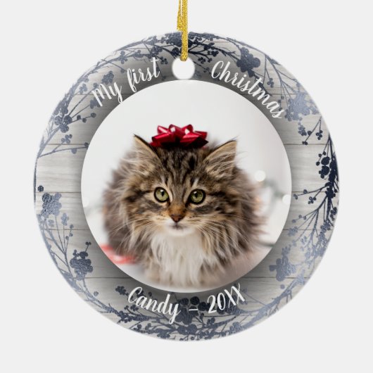 Kat Pet First Kerstfoto Silver Foils Keramisch Ornament (Achterkant)