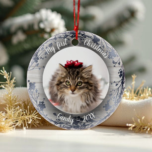 Kat Pet First Kerstfoto Silver Foils Keramisch Ornament