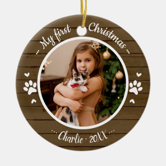 Kat Pet First Kerstmis Eenvoudige foto Rustige Keramisch Ornament (Voorkant)
