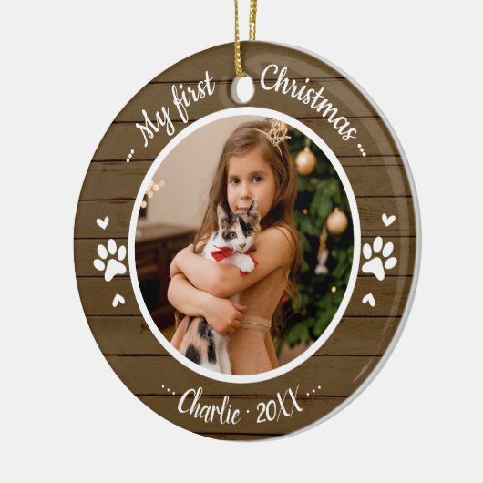 Kat Pet First Kerstmis Eenvoudige foto Rustige Keramisch Ornament (Links)